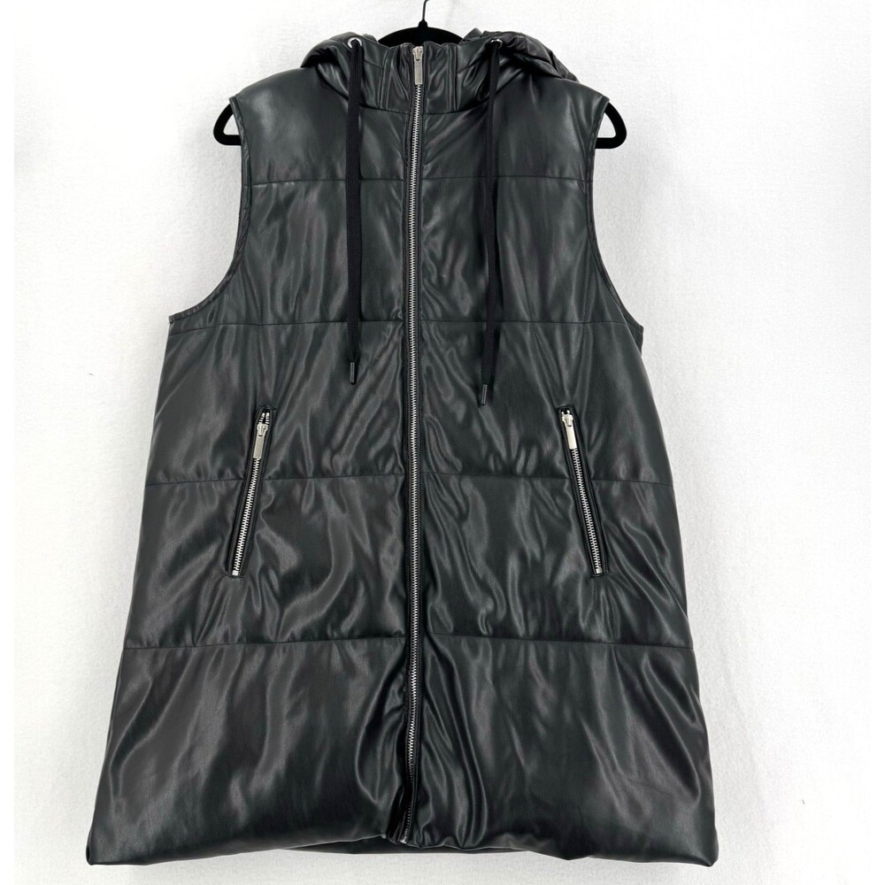 Vigoss Women L Black Faux Leather Hooded Long Puffer Vest Zip Pockets Moto Edgy